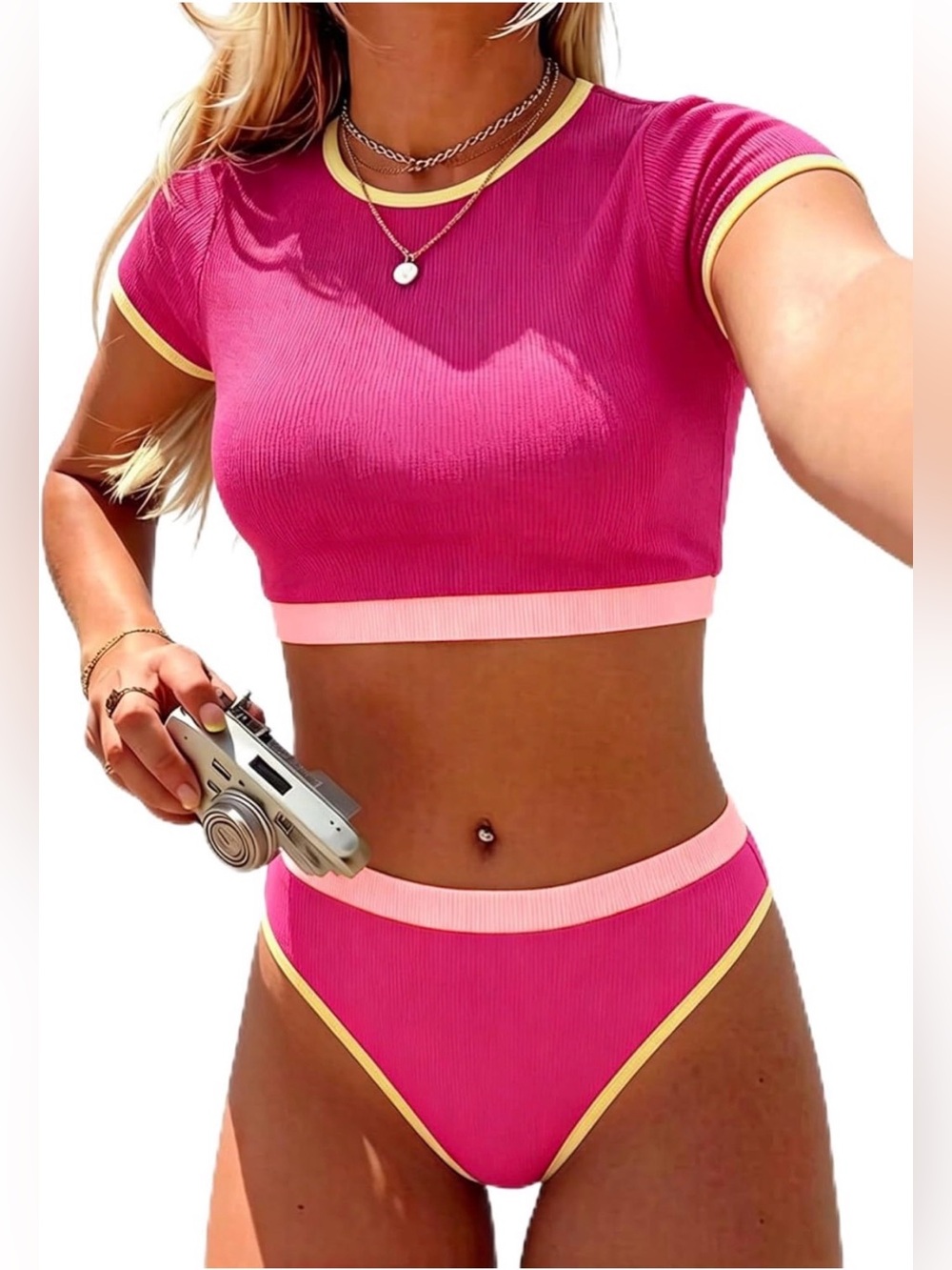 Pink Two-Piece Ribbed Crop Top & High Waist Bikini Set XL (RUNS SMALL)